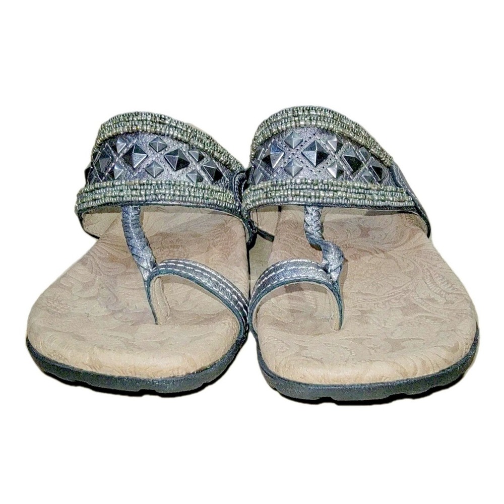 Taos Genie Womens Size 7 Gray Studded Toe Loop Beaded Leather Comfort Sandals - Picture 10 of 13